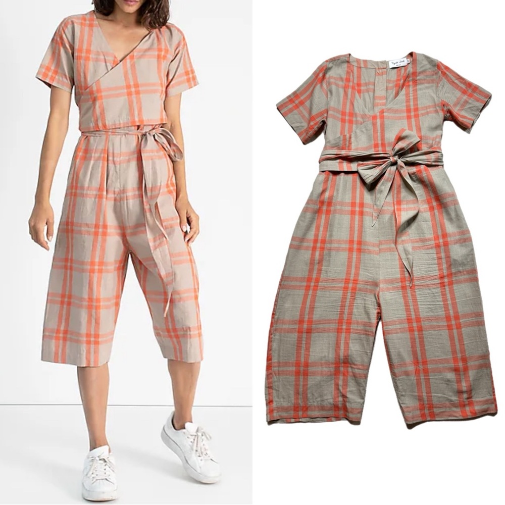 Plaid Jumpsuit in Orange and Tan